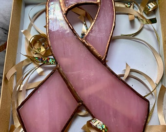Stained Glass Suncatcher, Breast Cancer Awareness Ribbon