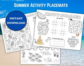 Summer Activity Placemat, Kids Games, Coloring Pages, Classroom Craft (PDF Printable)