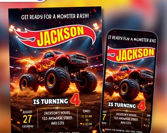 Editable Hot Monster Truck Birthday Invitation, Wheels Monster Truck Birthday Invite, Monster Truck Cars Party Invite, 5x7in Canva Template