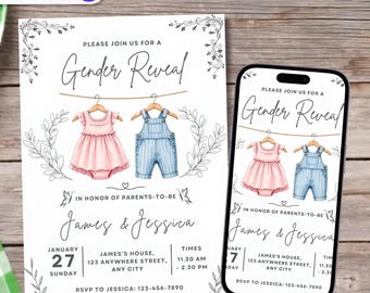 Boho Gender Reveal Invitation, Editable Gender Reveal Invite Template, Vintage Baby Clothes Gender Reveal, 5x7 inch Editable Canva Template