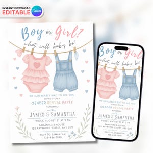 Editable Baby Gender Reveal Invitation, Gender Reveal Invite, He or She Invite, Baby Gender Reveal Invite, Editable Canva Template