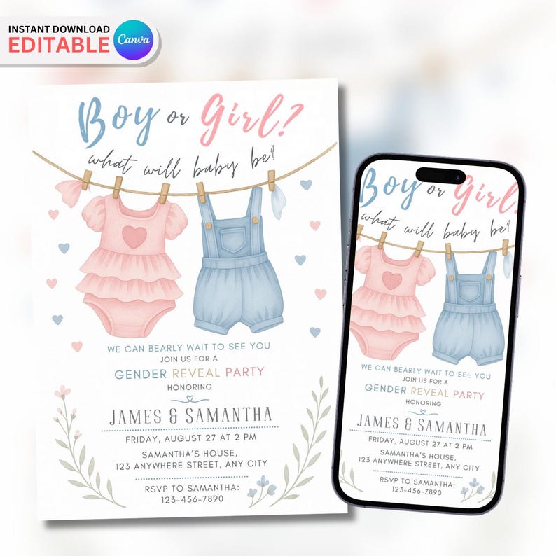 Editable Baby Gender Reveal Invitation, Gender Reveal Invite, He or She ...