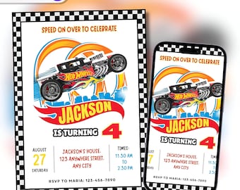 Editable Hot Cars Birthday Invitation, Wheels Birthday Party Invite, Racing Cars Digital Invitation, 5x7inch Editable Canva Template
