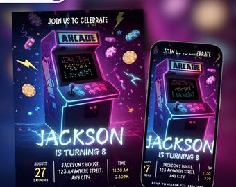 Invitación de cumpleaños Arcade Glow, plantilla de cumpleaños de videojuego digital para niños, invitación a fiesta de videojuegos, plantilla Canva de 13 x 18 cm