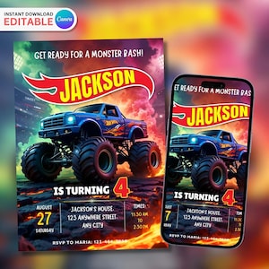 Invito di compleanno modificabile a tema Monster Truck, invito di compleanno a tema Monster Truck Wheels, invito per festa a tema Monster Truck Cars, modello Canva da 5 x 7 pollici