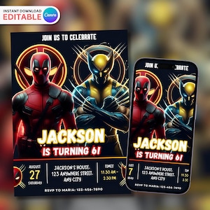 Editable Deadpool and Wolverine Birthday Invitation, Wolverine Deadpool Superheroes Party, 5x7 in Canva Template Printable Invitation