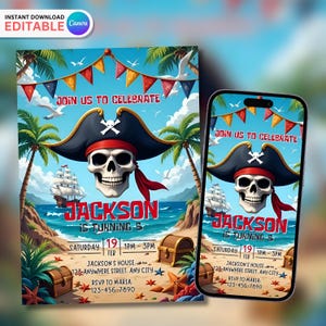 Boy Pirate Birthday Invitation, Pirate Birthday Party Invitation, Pirate Invitation, Editable Ahoy Pirates Birthday Invitation