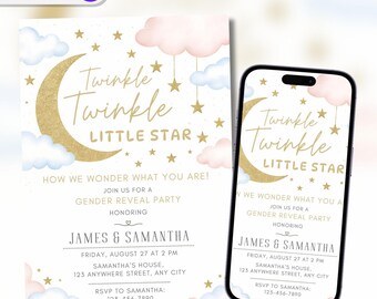 Edytowalne zaproszenie Twinkle Little Star Baby Gender Reveal, zaproszenie dla niego lub dla niej, zaproszenie Baby Gender Reveal, edytowalny szablon Canva