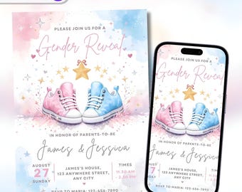 Editable Sneaker Gender Reveal Invitation, Gender Reveal Invite Template, Baby Sneaker Gender Reveal Party Invite, 5x7 Inch Canva Template