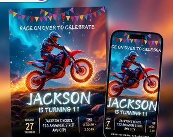 Motocross Birthday Invitation, Dirt Bike Birthday Invitation, Motocross Invitation, Editable 5x7 inch Canva Template