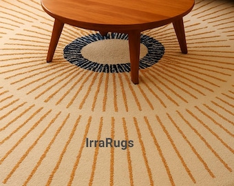 Hand-Tufted Wool Round Rug: Beige & Mustard Sunburst Design