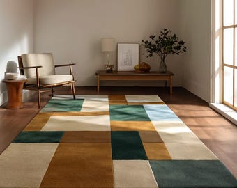 Hand-Tufred Geometric Color Block Area Rug – Handmade Abstract Carpet in Green, Mustard & Cream
