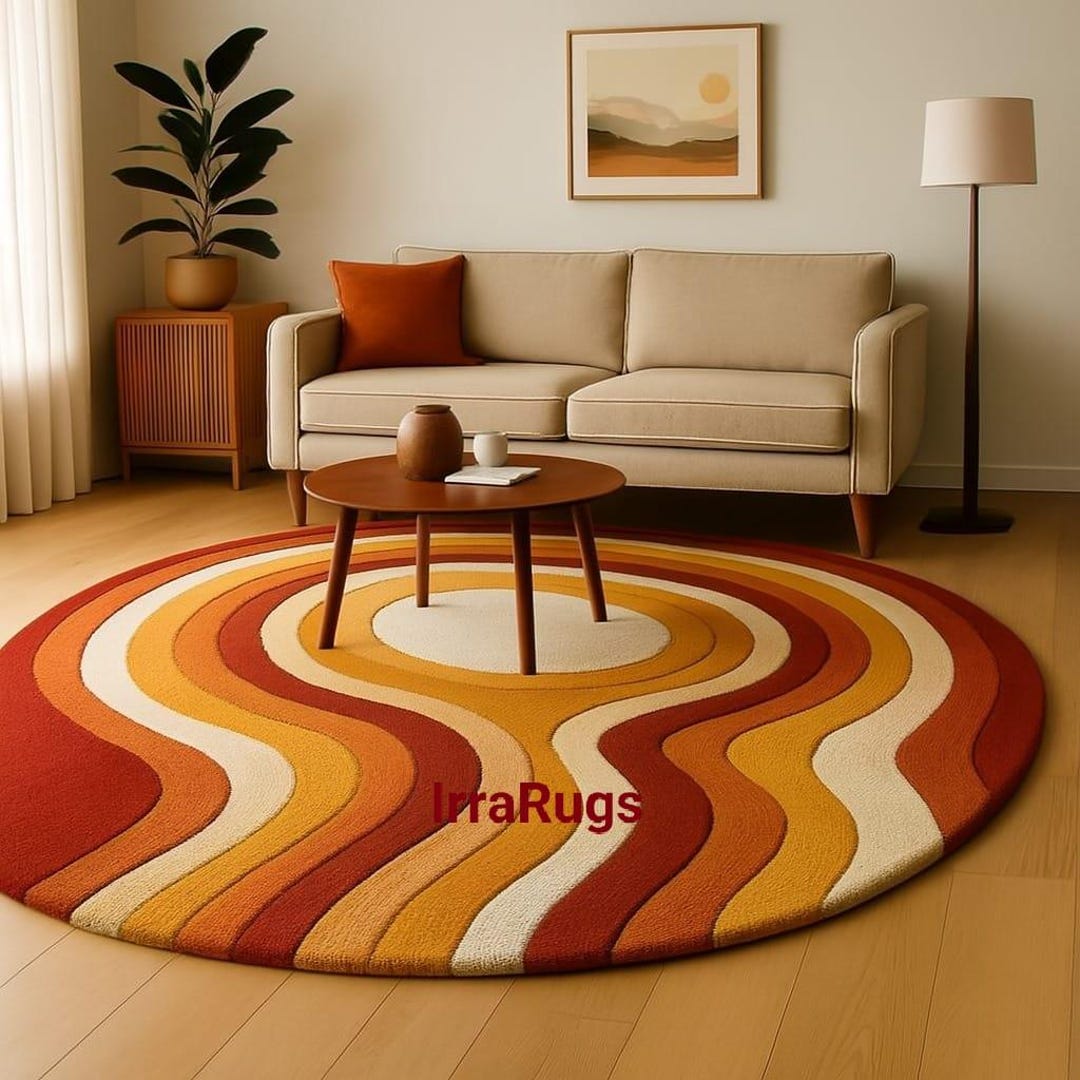 Hand-tufted Wool Round Rug: Retro Sunset Wave Design - Etsy