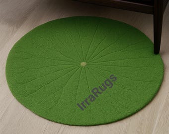 Green Wool Round Tufted Rug – Handmade Boho Minimalist Floor Art