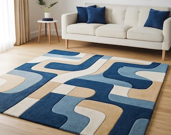 Luxury Handcrafted Abstract Blue Wave Design Area Rug