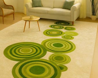 Handgemaakt tapijt met abstract groen cirkelpatroon