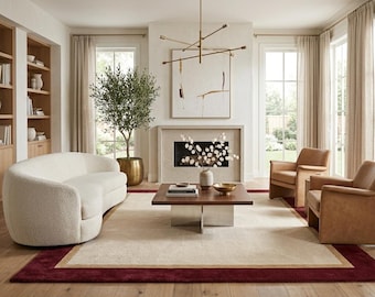 Handgetufteter Wollteppich, Creme-Bordeaux-Bordüre, moderner Wohnzimmerteppich