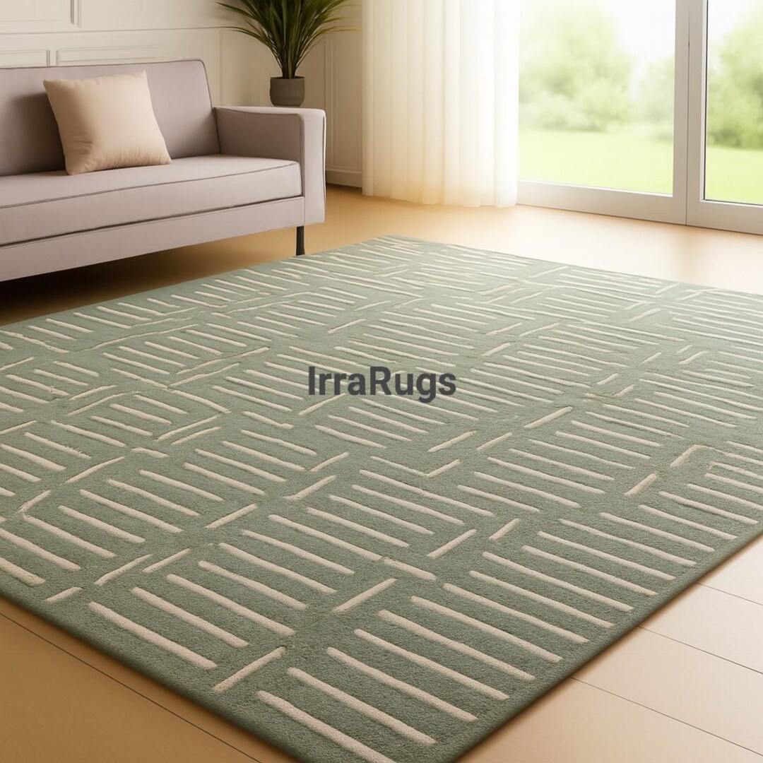 Hand-tufted Wool Rug: Sage Green Geometric Modern Carpet - Etsy