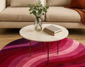 Hand-Tufted Wool Round Rug: Pink & Burgundy Wave Design