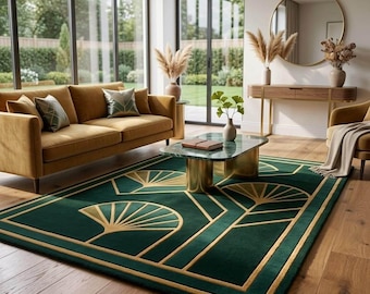 Hand-Tufted Wool Rug – Emerald Green Art Deco Ginkgo Pattern Interior Carpet