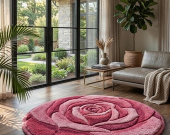 Hand-Tufted Wool Rose Rug, Pink Floral Carpet, Sculptural Petal Design, Soft Plush Area Rug