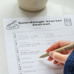 May include: A white printable sourdough starter journal with a black and white illustration of a jar of sourdough starter and a spatula. The journal has columns for day, AM feeding time, visuals/smell, PM feeding time, and visuals/smell. The journal is filled out with handwritten notes about the sourdough starter.
