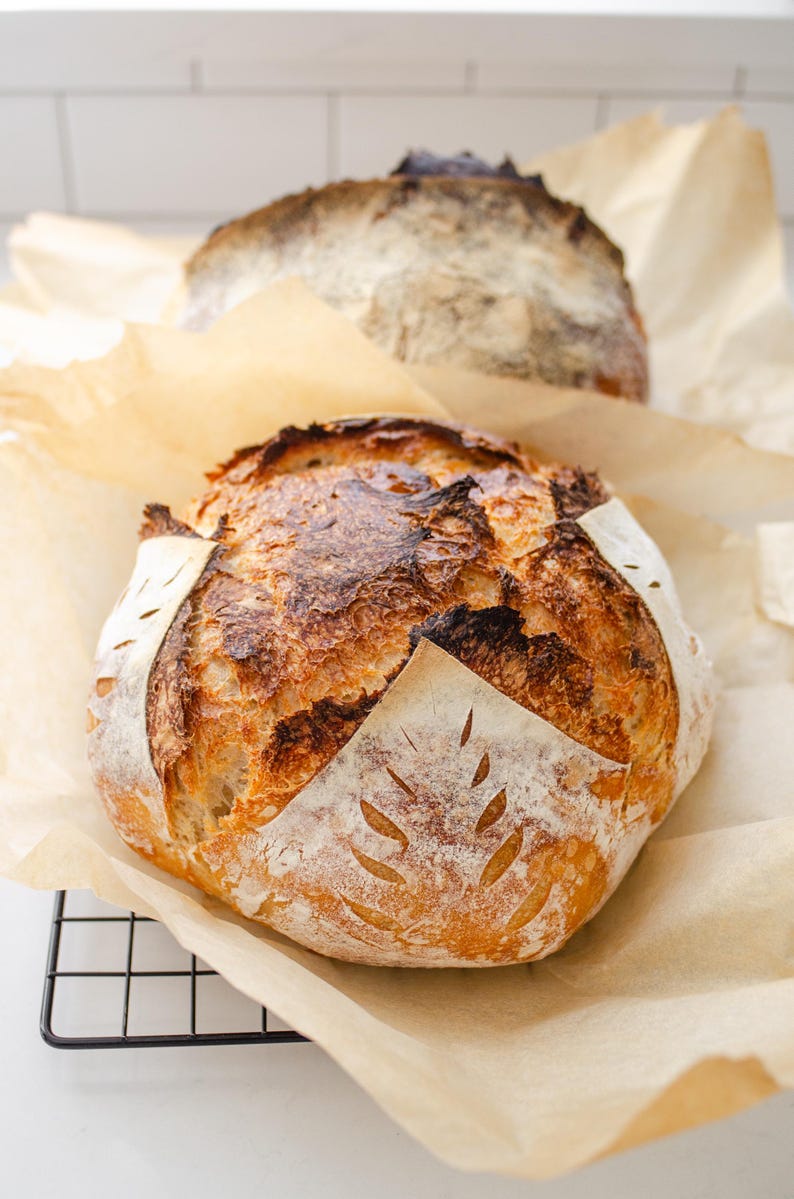 May include: Two round loaves of sourdough bread with a dark, golden-brown crust and a flour-dusted surface. The bread features a decorative wheat-stalk score pattern on the top and is resting on light brown parchment paper over a wire rack.