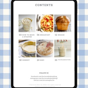 May include: A digital tablet screen displaying a contents page for a food guide. The layout features six photographic thumbnails of food items, including sourdough starter, waffles, bread, pie crust, tortillas, and social media links at the bottom.