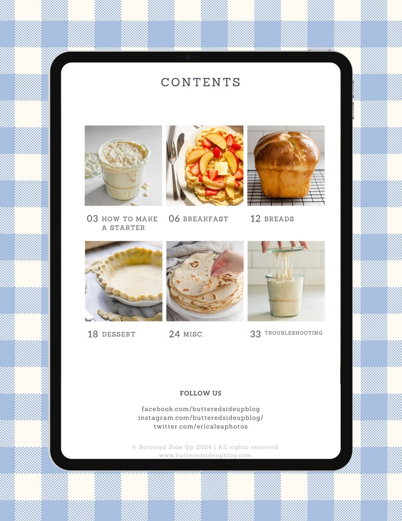 May include: A digital tablet screen displaying a contents page for a food guide. The layout features six photographic thumbnails of food items, including sourdough starter, waffles, bread, pie crust, tortillas, and social media links at the bottom.