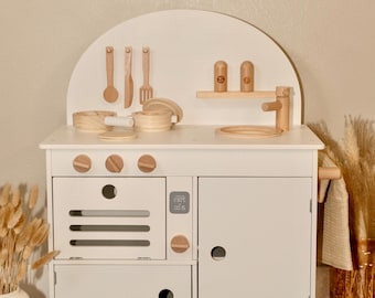 Wooden Play Kitchen for Kids, White Montessori Toy, Scandinavian Pretend Play Set