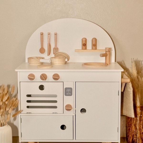 Wooden Play Kitchen for Kids, White Montessori Toy, Scandinavian Pretend Play Set