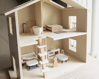 Montessori Wooden Dollhouse | Minimalist Kids Toy | Natural Wood Play House