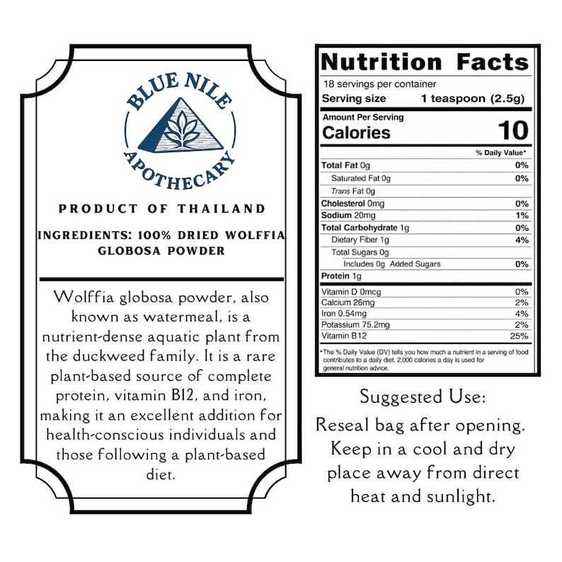 May include: A product label for Blue Nile Apothecary, featuring text about Wolffia globosa powder, also known as watermeal. The label includes a nutrition facts panel and suggested use instructions. The product is from Thailand.