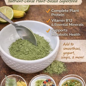 May include: Image of Wolffiia Globosa powder, a nutrient-dense, plant-based superfood. A white bowl holds green powder, with a spoon. The image includes text: Complete Plant Protein, Vitamin B12 & Essential Minerals, Supports Metabolic Health.