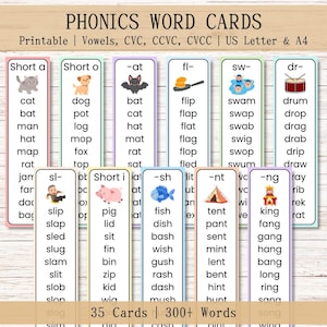 Printable Phonics Flashcards for Kids – cvc, ccvc and cvcc Words, Preschool & Toddler Reading Activity, Learn to Read Homeschool Resources