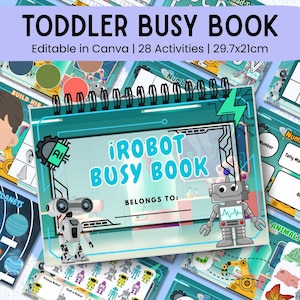 Robot Theme Busy Book for Toddlers – Editable Preschool Learning Binder, Quiet & Educational Activity Pages for Kids (Digital Download)