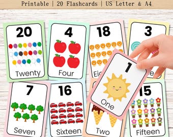 Tarjetas didácticas de números del 1 al 20 para niños, tarjetas de aprendizaje imprimibles, tarjetas didácticas Montessori, tarjetas didácticas educativas imprimibles, tarjetas para aprender a contar