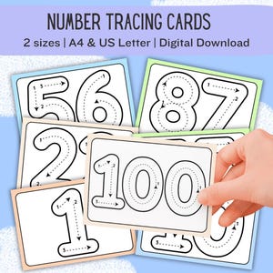 May include: Number tracing cards with the numbers 1, 2, 56, 87, and 100. Each card features a number with dotted lines and arrows to guide tracing. The text "NUMBER TRACING CARDS" is at the top.