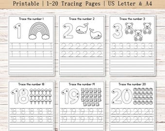 Number Worksheet Printable, Numbers 1-20 Trace, Learning Numbers, Kids Tracing Sheets, Handwriting Practice, Kindergarten Worksheets Numbers
