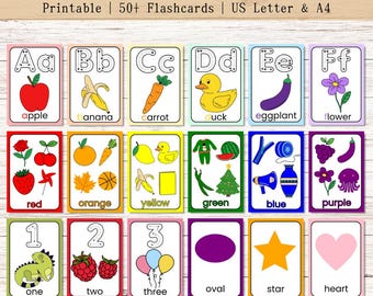 Preschool Flashcards Bundle for Kids – Alphabet, Numbers, Colors & Shapes Flashcards, Printable Learning Cards, Digital Download