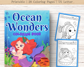 Kleurboek Ocean Wonders – Kleurplaten oceaandieren en zeemeerminnen voor kinderen, afdrukbare kleurplaten (digitale download)