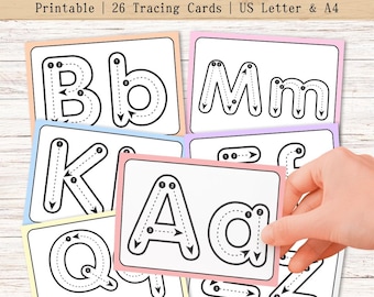 Cartes de l'alphabet de A à Z pour enfants – activité d'écriture imprimable pour les enfants d'âge préscolaire, apprendre à écrire des lettres, téléchargement numérique (A4/US Letter)