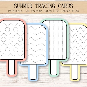 May include: Summer tracing cards with popsicle designs and dotted lines for tracing. The cards have white backgrounds with pink, blue, green, and yellow borders. The text "Summer Tracing Cards" is at the top of the image.