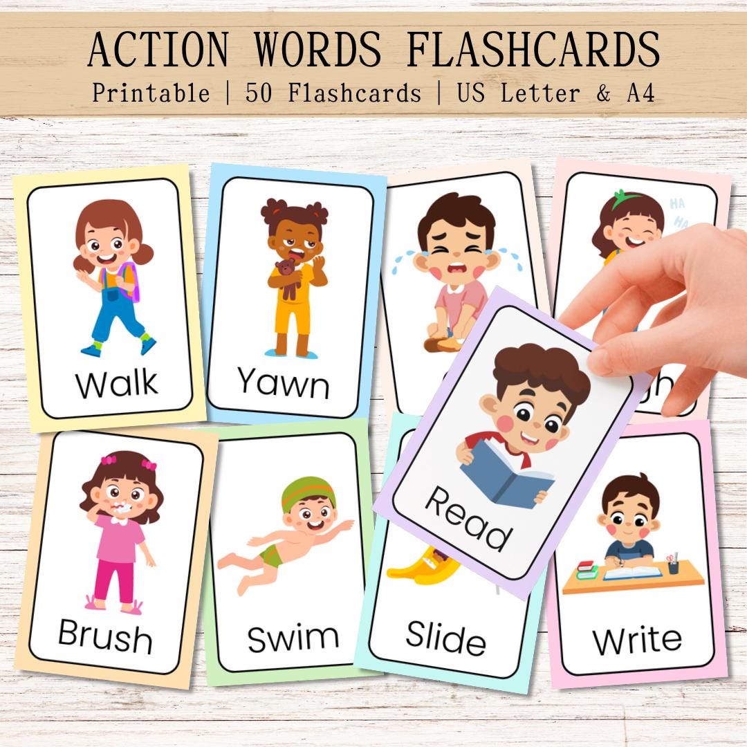 Action Words Flashcards for Kids, Printable Learning Cards, Montessori