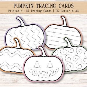 May include: A set of pumpkin tracing cards with the text PUMPKIN TRACING CARDS, Printable | 15 Tracing Cards | US Letter & A4. The cards feature various pumpkin shapes with dashed line patterns including zigzags, horizontal lines, and a jack-o'-lantern face.