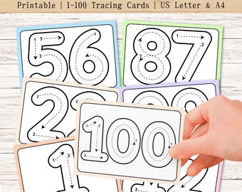 Number Tracing Cards 1–100 for Kids – Printable Preschool Math Activity, Learn to Write Numbers, Math Cards, Kindergarten Number Worksheet