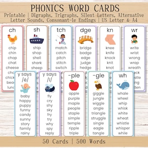 May include: Phonics word cards with digraphs, trigraphs, and silent letters. Each card features a word and a corresponding image. The cards are designed for educational purposes, with a total of 50 cards and 500 words.