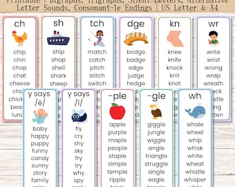 May include: Phonics word cards with digraphs, trigraphs, and silent letters. Each card features a word and a corresponding image. The cards are designed for educational purposes, with a total of 50 cards and 500 words.