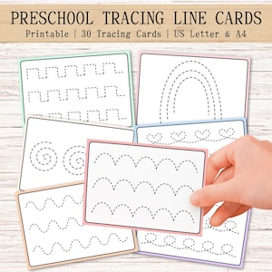 Kaarten voor het traceren van lijntjes voor kleuters, traceringsoefeningen kleuterschool, 30 afdrukbare pre-schrijfoefeningen voor peuters, traceeroefeningen voor kleuters, pdf