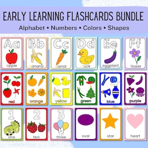 Preschool Flashcards Bundle for Kids – Alphabet, Numbers, Colors & Shapes Flashcards, Printable Learning Cards, Digital Download